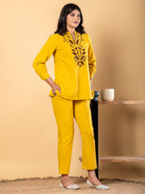Mustard yellow cotton thread work casual co ord set