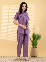 Purple cotton casual co ord set with collar neck