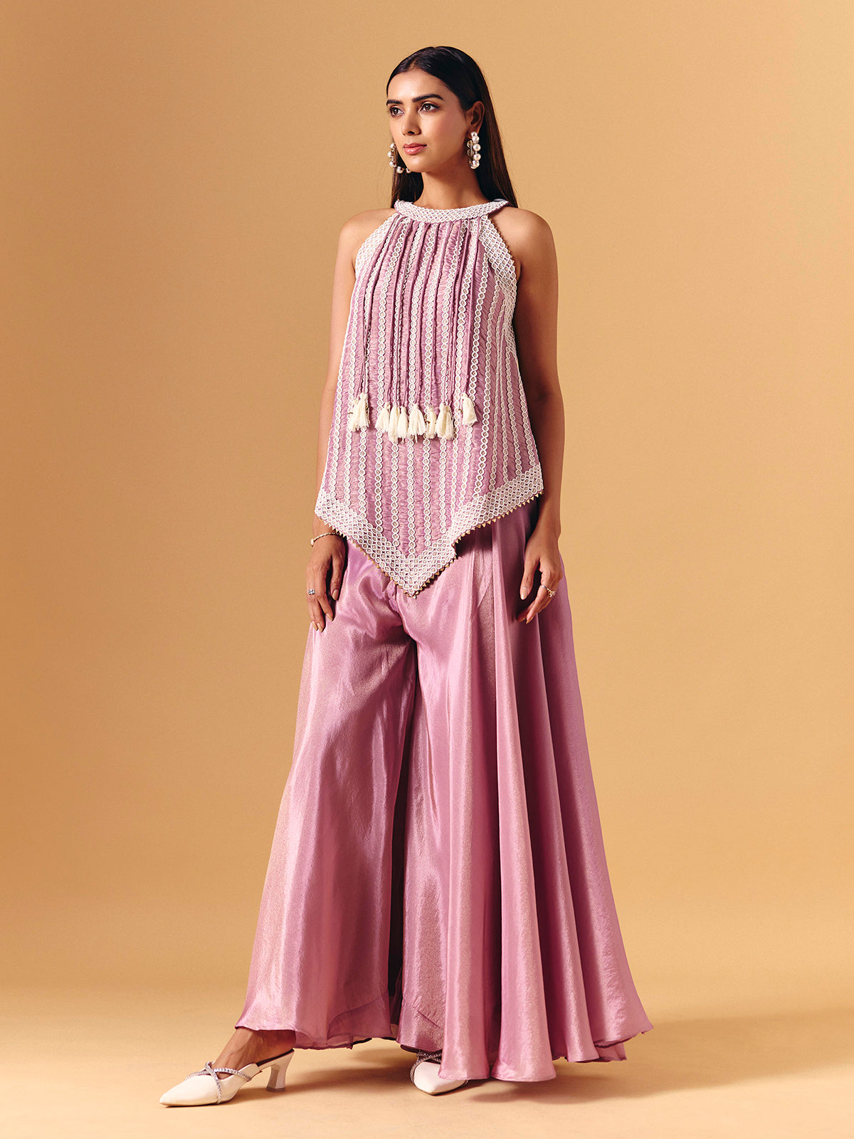 Pink satin silk palazzo suit with gota tassel accents
