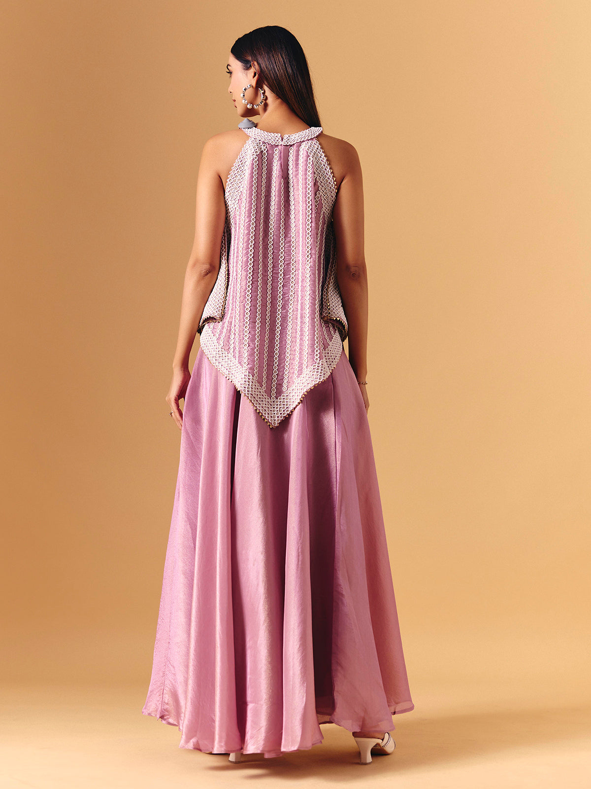 Pink satin silk palazzo suit with gota tassel accents