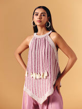 Pink satin silk palazzo suit with gota tassel accents