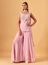 Light pink chinon silk palazzo suit with sequin work