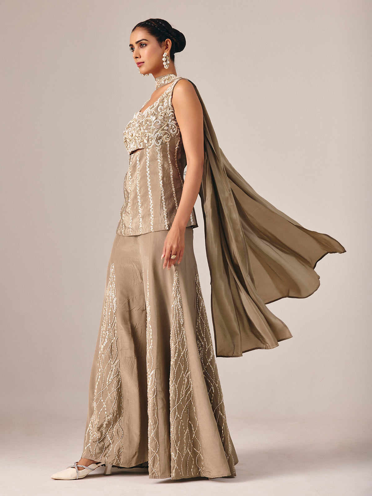 Dark beige chinon silk palazzo suit with embellishments