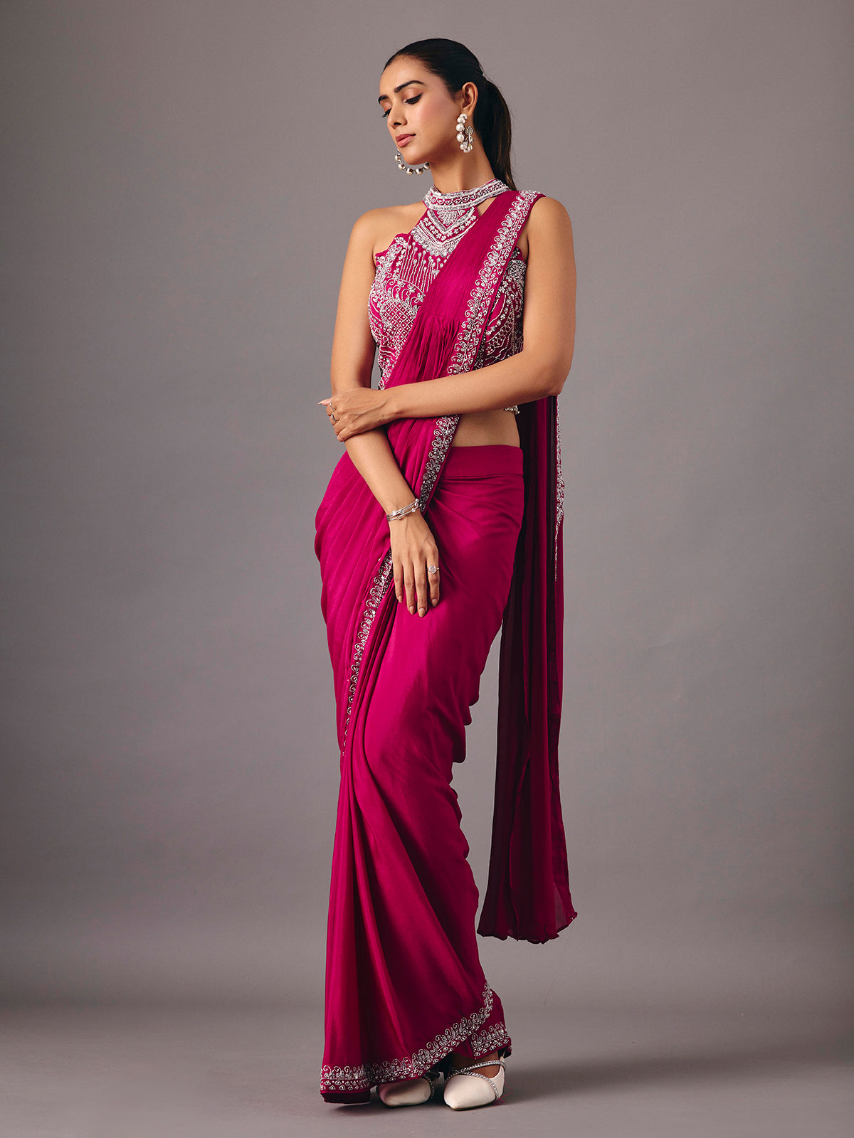 Magenta ready to wear saree with embellished halter blouse