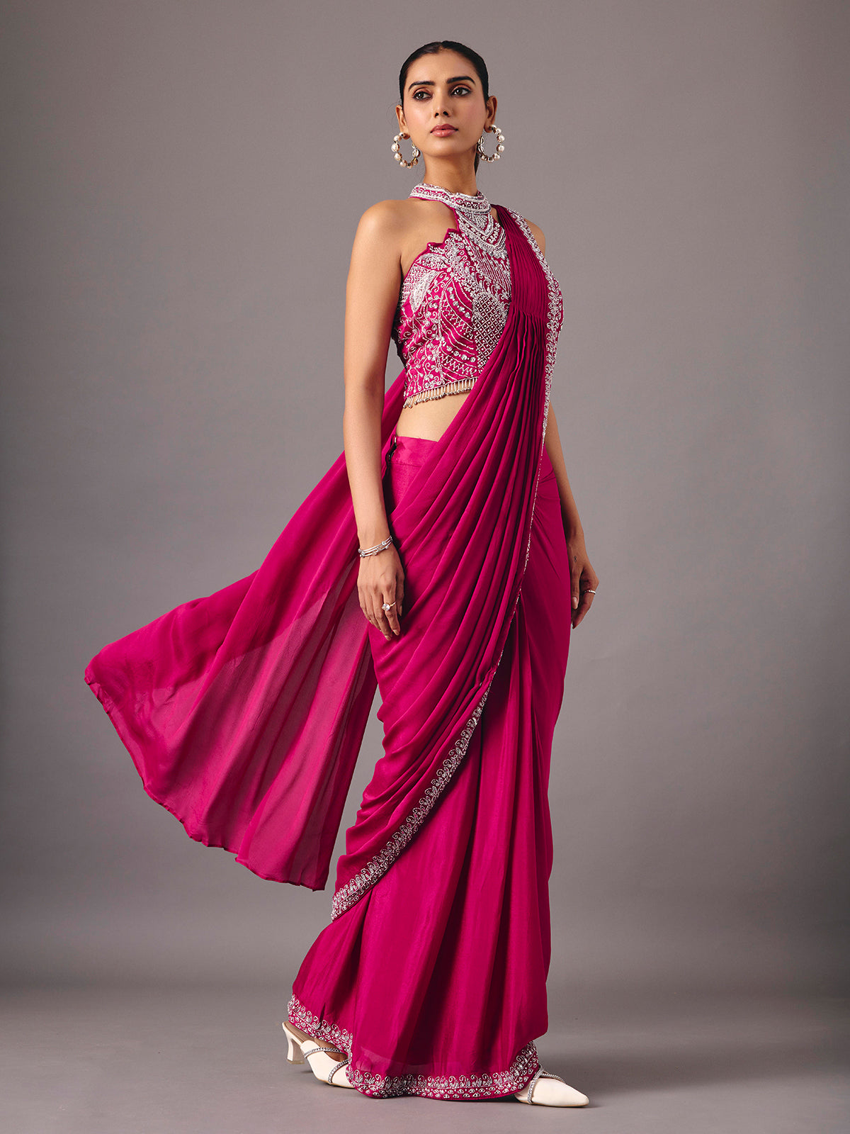 Magenta ready to wear saree with embellished halter blouse