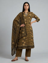 Mehendi olive cotton kurti set with floral detailing