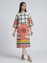 Off white silk kurti set with red floral print