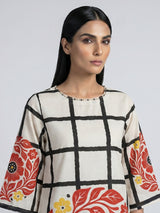 Off white silk kurti set with red floral print