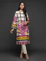 Off white silk kurti set with purple floral print