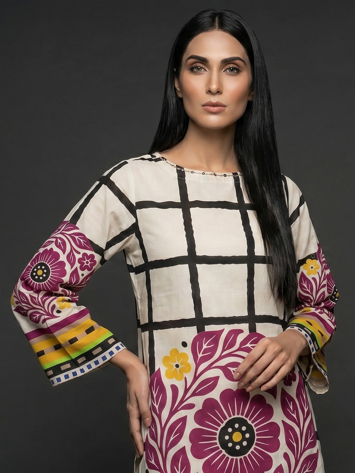 Off white silk kurti set with purple floral print