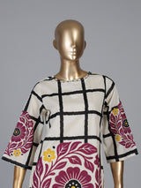 Off white silk kurti set with purple floral print