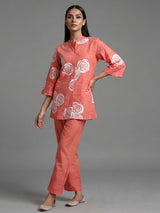 Dark peach cotton co ord set with printed cut work