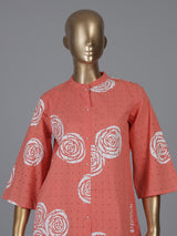 Dark peach cotton co ord set with printed cut work