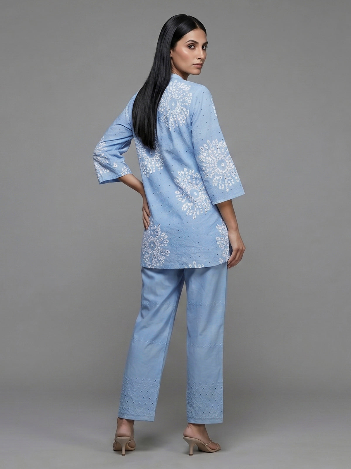 Mint blue cotton co ord set with cut work design