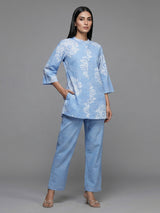 Mint blue cotton co ord set with cut work design