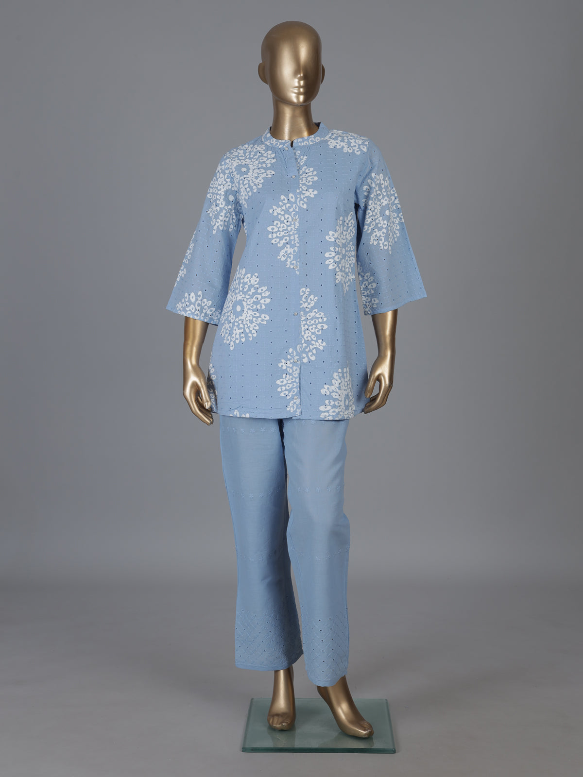 Mint blue cotton co ord set with cut work design