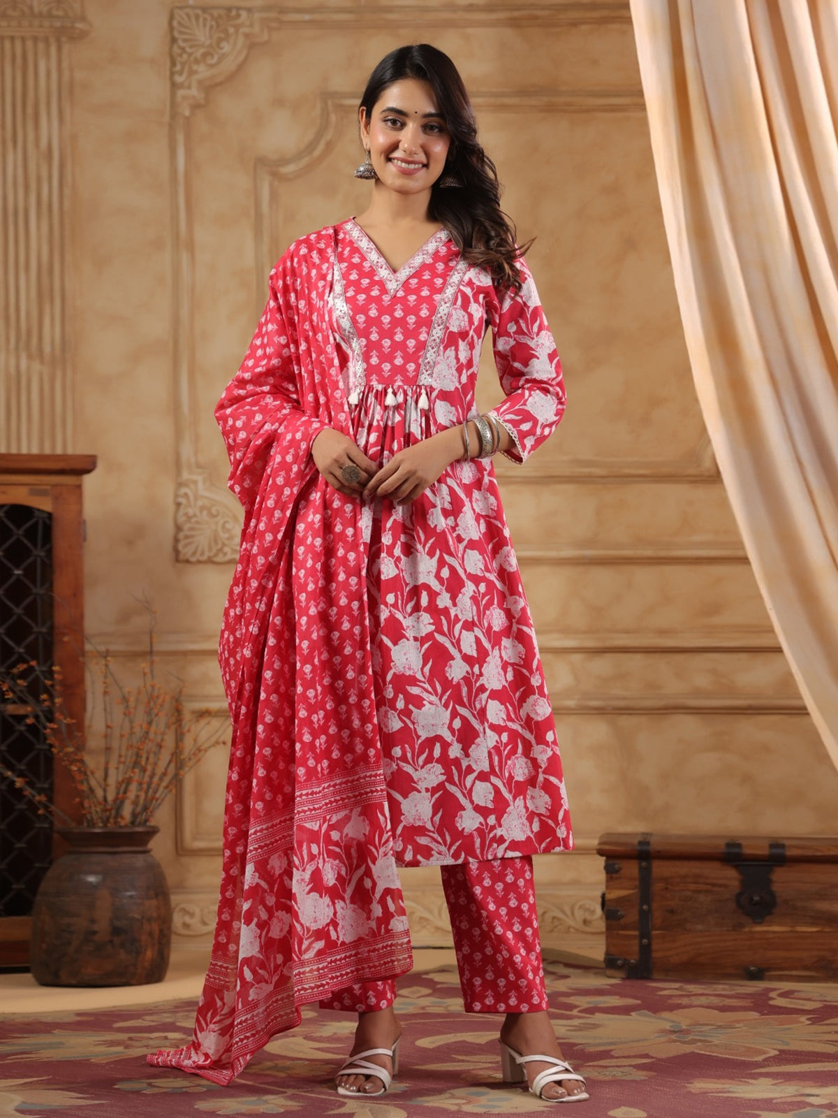 Pink cotton floral yoke kurti set with dupatta