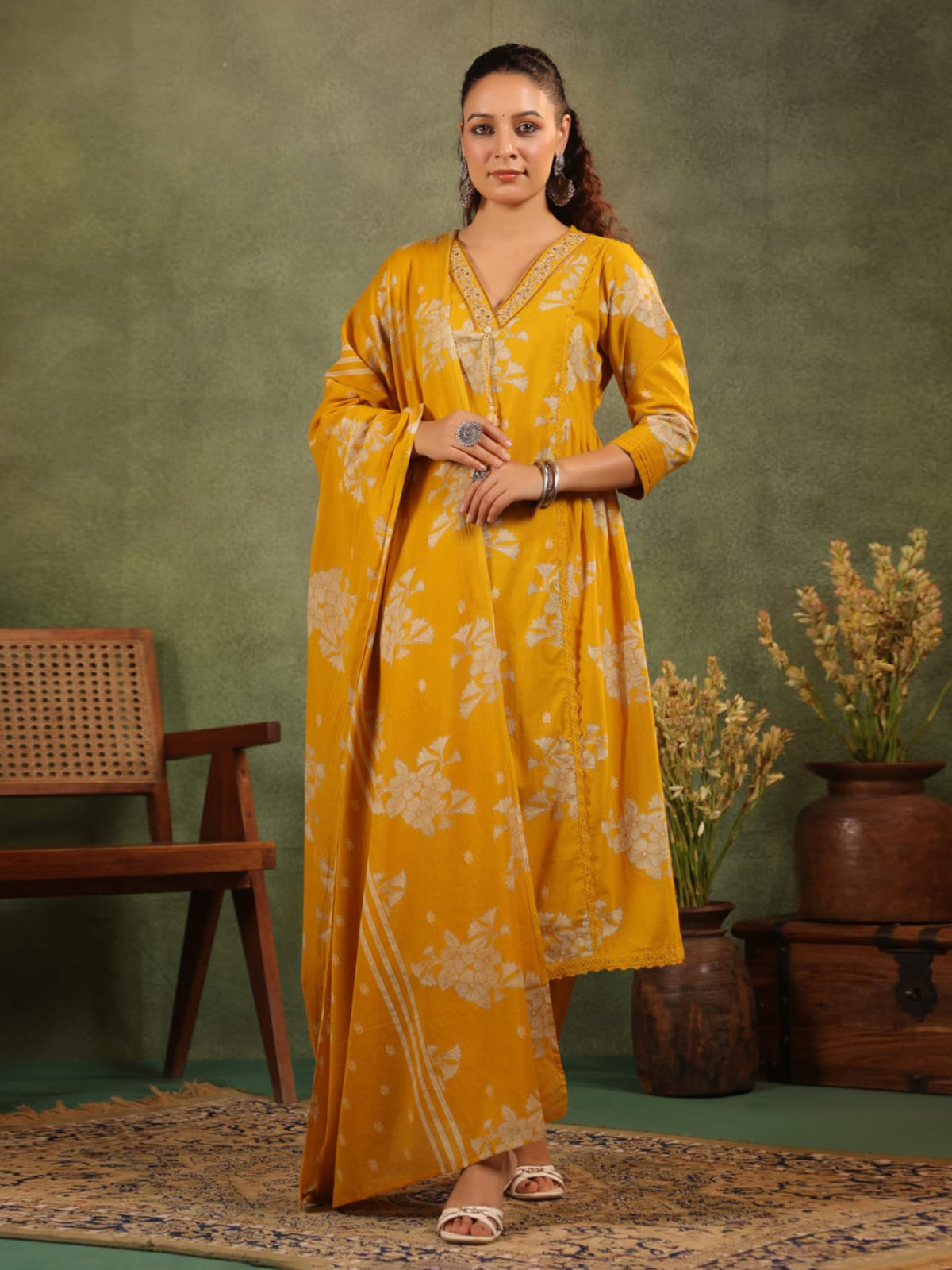 Mustard yellow silk floral printed festive kurti set