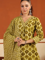 Mehendi green silk floral printed festive kurti set