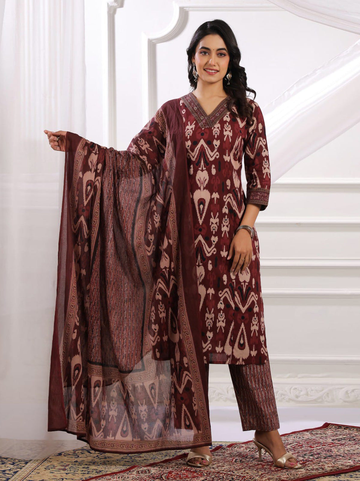 Maroon silk floral printed festive kurti set with dupatta