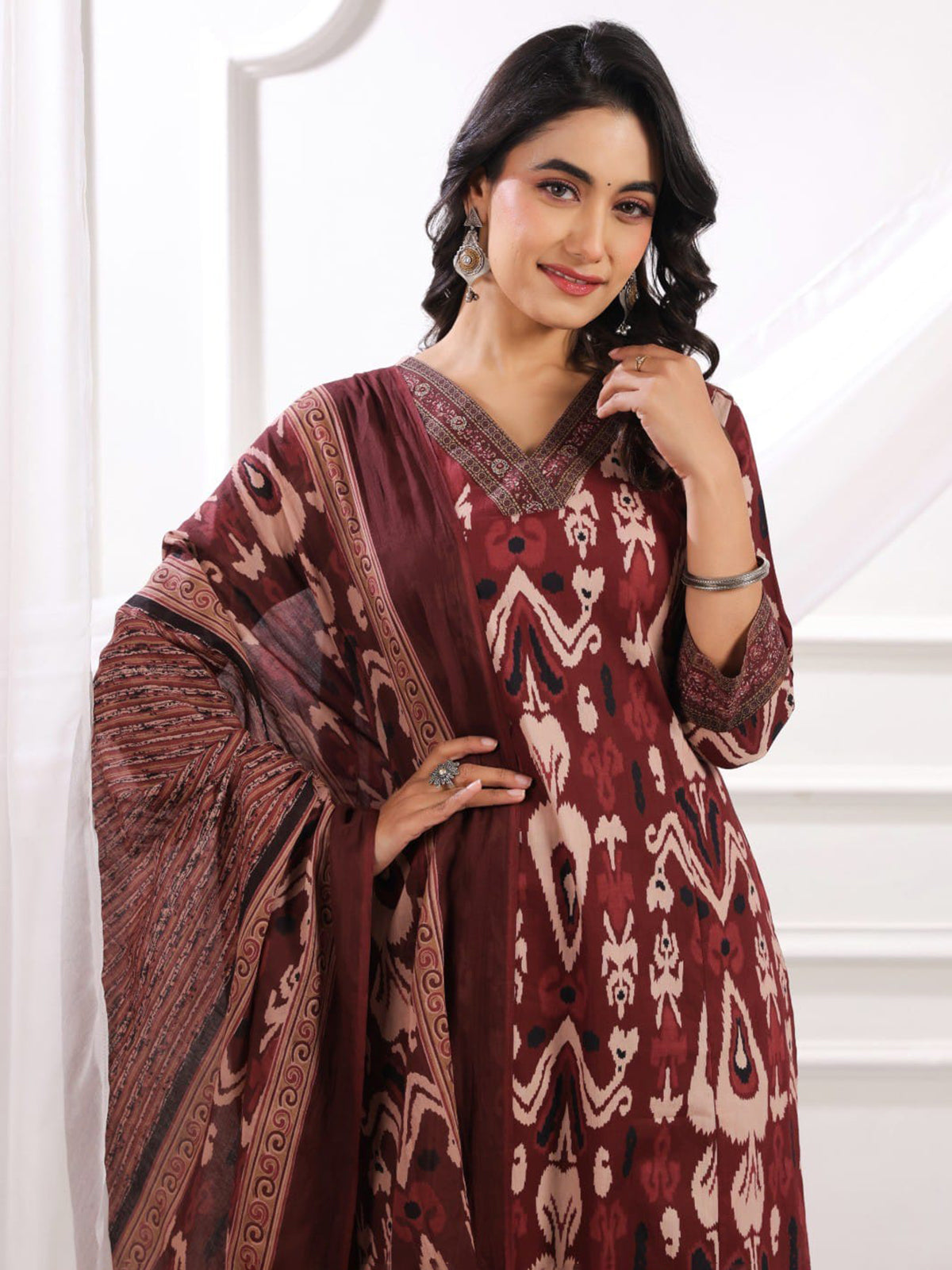 Maroon silk floral printed festive kurti set with dupatta
