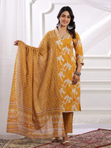 Mustard yellow silk embroidered floral kurti set with dupatta