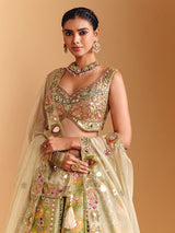 Pista green raw silk lehenga choli with printed artistry