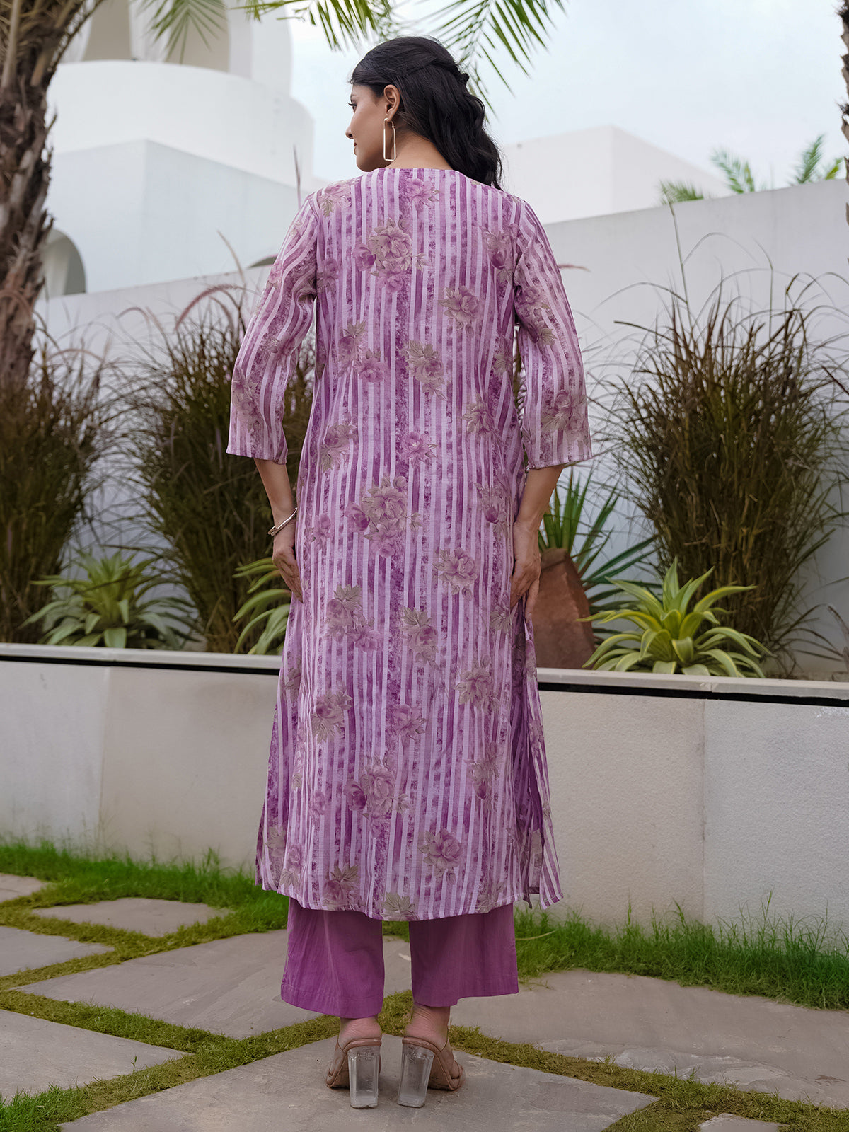 Purple silk floral printed kurti set for festive wear