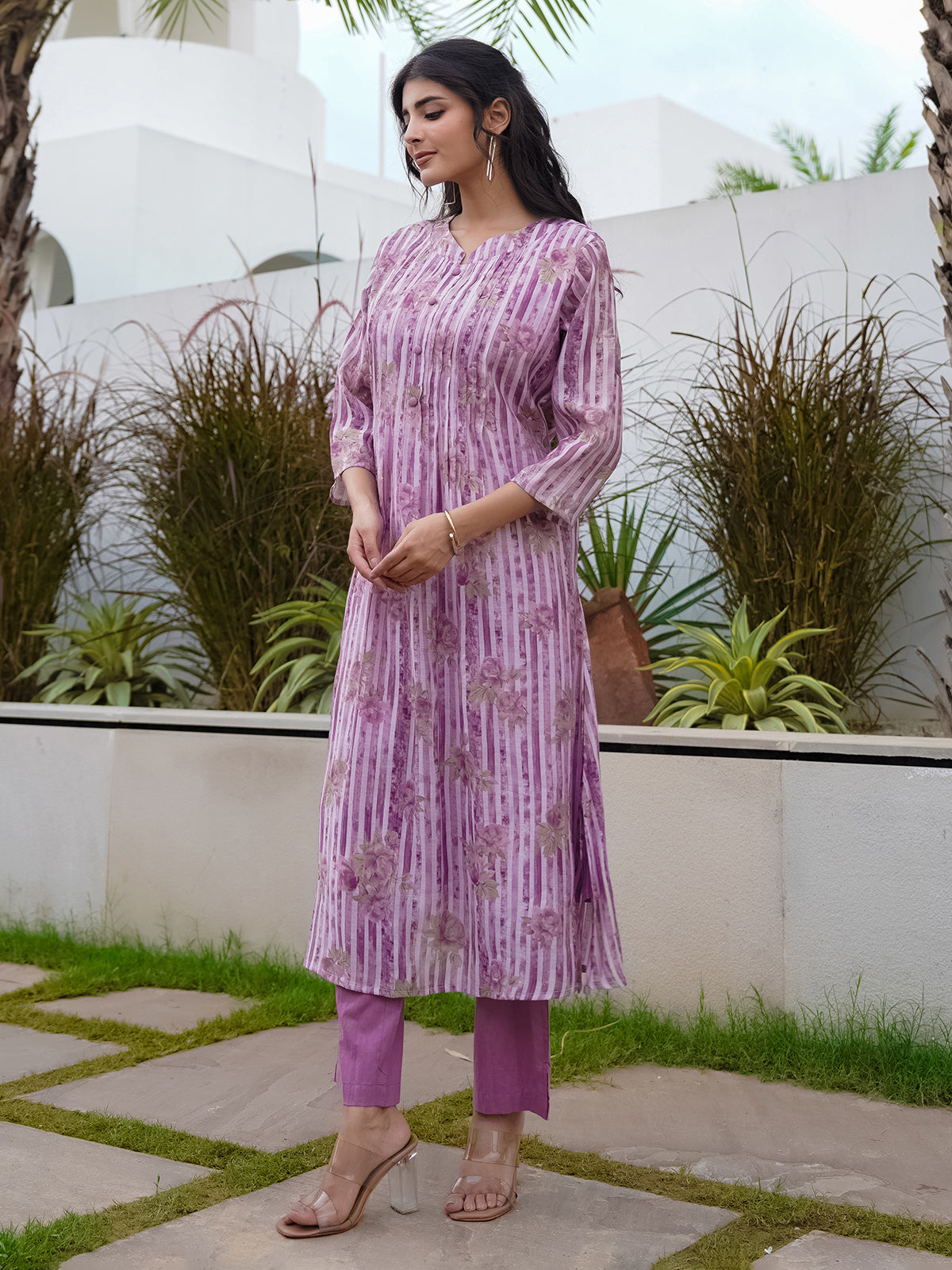 Purple silk floral printed kurti set for festive wear