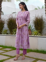 Purple silk floral printed kurti set for festive wear