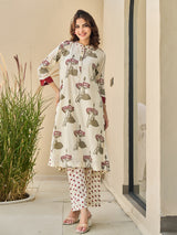 Cream maroon floral cotton silk kurti set with pant