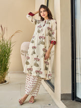Cream maroon floral cotton silk kurti set with pant