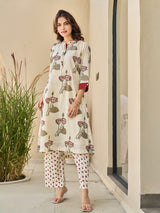 Cream maroon floral cotton silk kurti set with pant