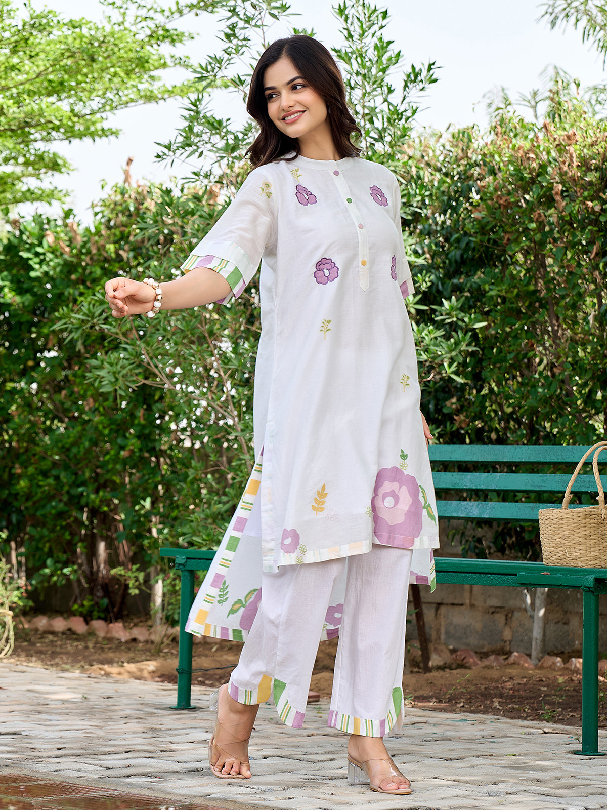 White cotton designer kurti set with elegant embroidery