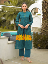 Rama green cotton floral printed kurti set with pant