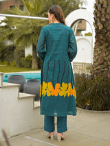 Rama green cotton floral printed kurti set with pant