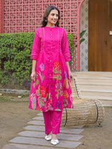 Rani pink silk floral printed kurti set for festive