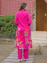 Rani pink silk floral printed kurti set for festive