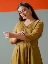 Mehendi olive cotton yoke style kurti set for casual