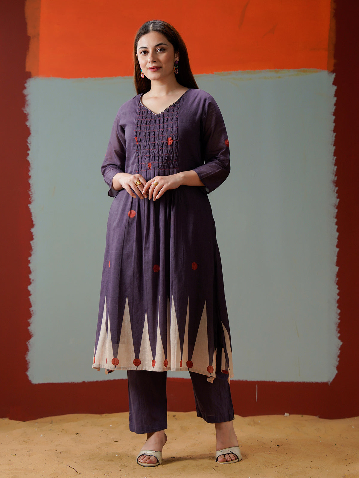 Purple cotton yoke style printed kurti set with pant
