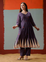 Purple cotton yoke style printed kurti set with pant