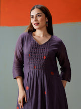 Purple cotton yoke style printed kurti set with pant