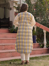 Cream cotton linen printed kurti set with full sleeves