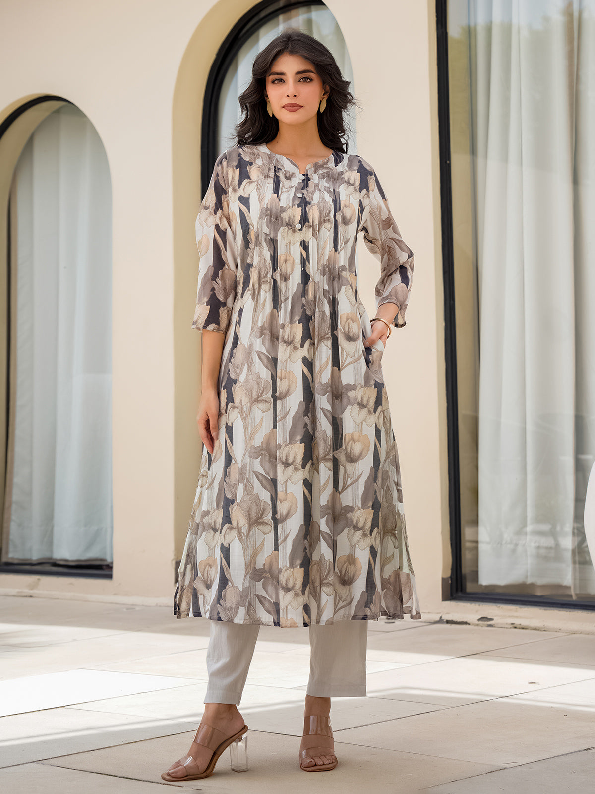 Off white silk floral printed kurti set for elegant wear