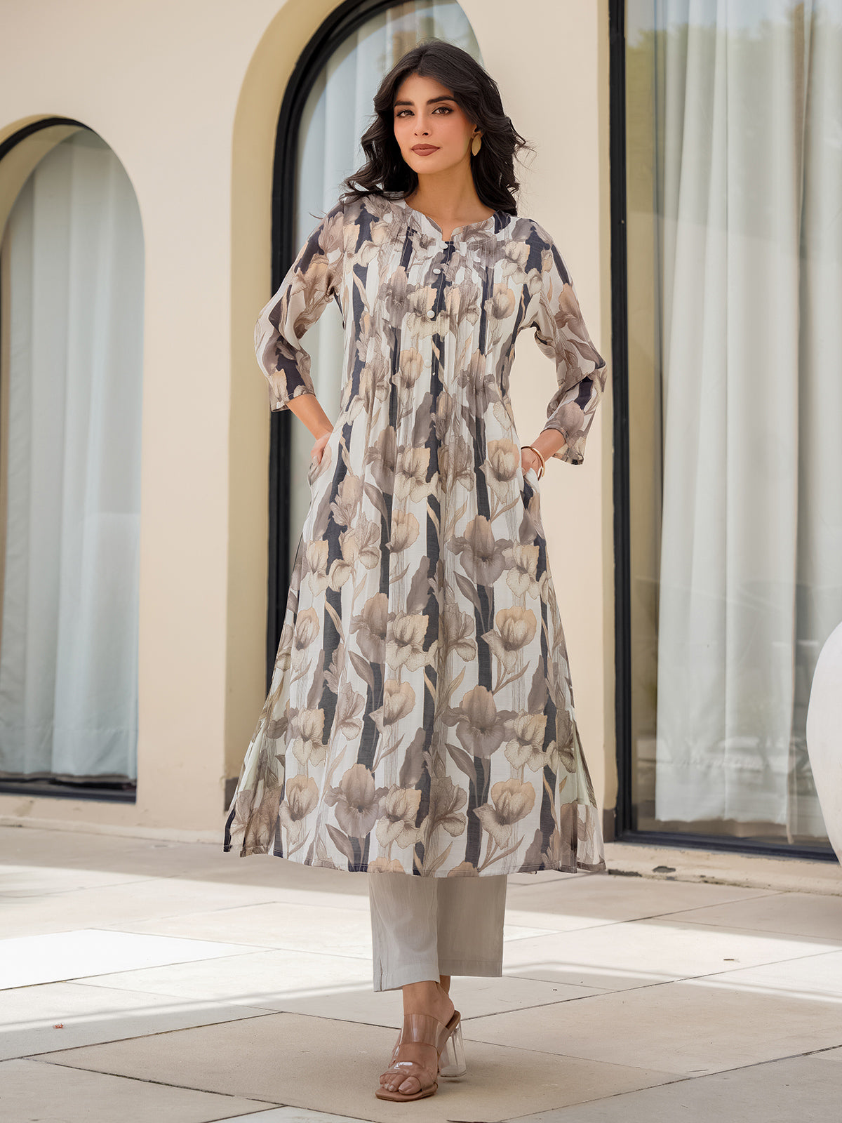 Off white silk floral printed kurti set for elegant wear