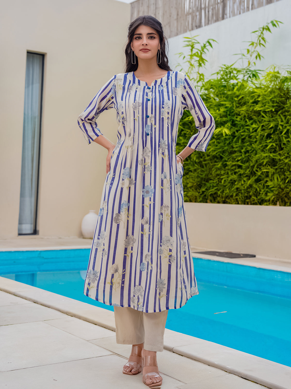 Off white blue silk floral printed kurti set for festive