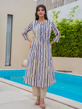 Off white blue silk floral printed kurti set for festive