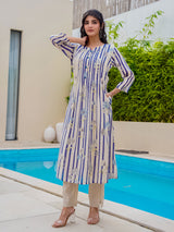 Off white blue silk floral printed kurti set for festive
