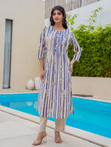 Off white blue silk floral printed kurti set for festive