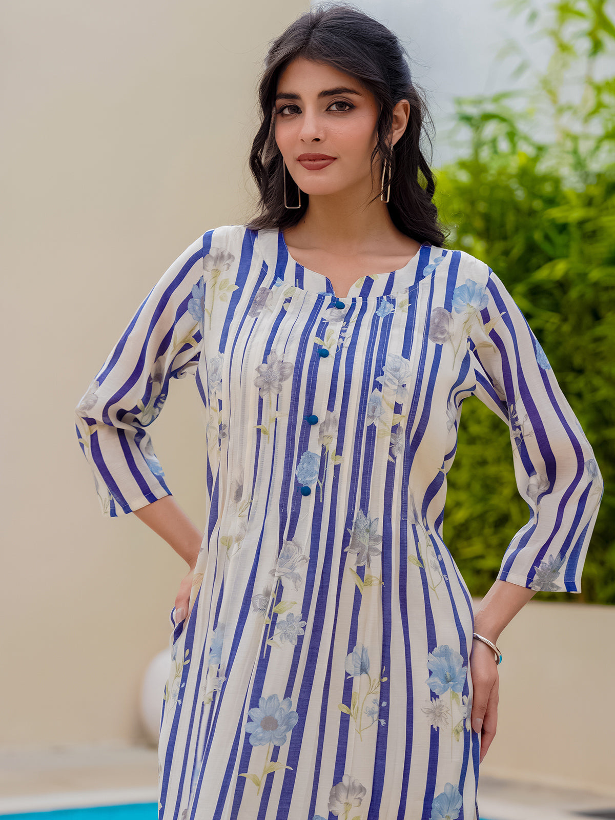 Off white blue silk floral printed kurti set for festive
